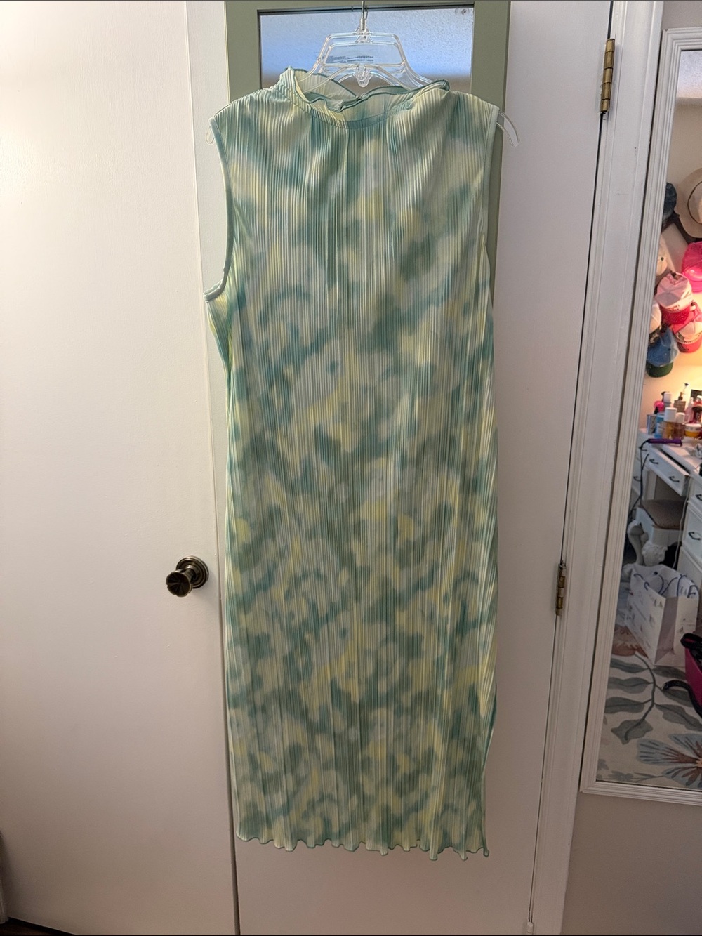 Future Collective Sleeveless Green & Yellow Pleated Midi Dress